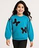 Arias 100% Cotton Fleece Knit Full Drop Shoulder Sleeves Sweatshirt With Butterfly Applique - Blue