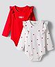 Bonfino 100% Cotton Knit Full Sleeves Onesies with Frill Detailing & Heart Embroidery & Print Pack of 2 - White & Red