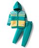 Babyhug Knit Full Sleeves Front Open Hooded Sweater & Pant Set with Stripes - Mint