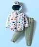 Babyhug Woven Full Sleeves Quilted Polyfill Hooded Heavy Winter Wear Suit Set With Polyfill Quilted Pant with Dino Print - White & Olive Green