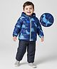 Babyhug Woven Full Sleeves Quilted Polyfill Hooded Heavy Winter Wear Suit Set With Polyfill Quilted Pant with Dino Print - Blue