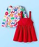 Babyhug Cotton Knit Full Sleeves Inner Tee & Frock With Floral & Star Print - Red & White