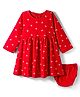 Bonfino 100% Cotton Knit Full Sleeves Frock With Bow Print & Bloomer - Red