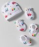 Babyhug 100% Cotton Interlock Knit Cap Mittens & Booties Set With Vehicle Print White - Diameter 10.5 cm