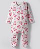 Bonfino 100% Cotton Knit Full Sleeves Front Open Footed Sleep Suit with Bow & Cherry Print - White