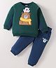 Mark & Mia Terry Knit Full Sleeves Winter Wear T-Shirt & Lounge Pant Set With Bear Applique - Green & Navy Blue