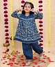 BownBee Cotton Woven Full Sleeves Fish Printed Gota Lace Embellished Kurti Pant Set - Blue