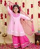 BownBee Pure Cotton Lurex Woven Three Fourth Sleeves Foil Striped Gota Lace Embellished Coordinating Kurti Sharara With Dupatta Set - Pink