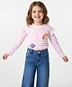 Bonfino 100% Cotton Knit Full Sleeves T-Shirt with Stripes & Rainbow Print - White & Pink