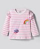 Bonfino 100% Cotton Knit Full Sleeves T-Shirt with Stripes & Rainbow Print - White & Pink