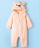 Babyhug Fur Knit Full Sleeves Hooded Romper with Bear Face Embroidery and Ear Applique - Peach