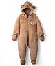 Babyhug Fur Knit Full Sleeves Front Open Winter Wear Footed Romper with Hoodie Bear Patch & Attached Mittens - Brown