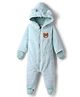 Babyhug Fur Knit Full Sleeves Front Open Winter Wear Footed Romper with Hoodie Bear Patch & Attached Mittens - Light Blue