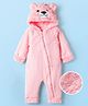 Babyhug Fur Knit Full Sleeeves Hooded Winter Romper With Animal Ear Applique - PInk