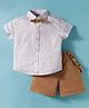ToffyHouse Cotton Woven Half Sleeves Floral Print Party Shirt & Short Set with Bow & Suspender - White & Brown