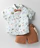 ToffyHouse Cotton Woven Half Sleeves Tropical Theme Printed Party Shirt & Shorts Set with Bow & Suspender - Brown
