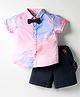 ToffyHouse Cotton Woven Half Sleeves Tie & Dye Printed Party Shirt & Shorts With Bow & Suspender - Pink & Navy Blue
