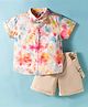 ToffyHouse Cotton Woven Half Sleeves Floral Printed Party Shirt & Shorts Set with Bow & Suspender - Khaki