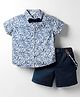 ToffyHouse Cotton Woven Half Sleeves Floral Printed Party Shirt & Shorts With Bow & Suspender - Navy Blue