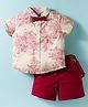 ToffyHouse Cotton Woven Half Sleeves Printed Party Shirt & Shorts Set With Bow & Suspender - Red