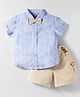 ToffyHouse Cotton Woven Half Sleeves Printed Shirt & Shorts Set with Bow & Suspender - Light Blue & Beige