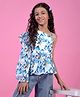 CRIMSOUNE CLUB Woven Full Puffed Sleeves Leaves Printed Top - Blue