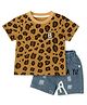 Kozeecub Cotton Knit Half Sleeves Abstract Printed Tee With Mild Distressed Shorts Set - Brown