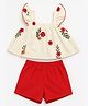 Kozeecub Cotton Knit Sleeveless Floral Embroidered Top With Solid Shorts Set - Red