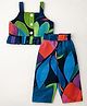 Kozeecub Cotton Knit Sleeveless Abstract Printed Top With Coordinating Flared Pant Set - Blue