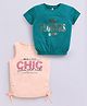 giniekids Cotton Knit Pack Of 2 Half Sleeves Typography & Floral Printed Tops - Green & Peach