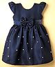 Tweetoons Woven Cap Sleeves Party Dress with Pearl Detailing & Bow Applique - Navy Blue