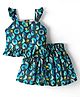 Tweetoons Knit Sleeveless Top & Skirt Set With Floral Print - Blue & Sea Green