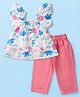 Tweetoons Woven Half Sleeves Top and Trouser Set with Floral Print - Pink & White