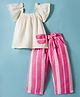 Tweetoons Woven Half Flutter Sleeves Top & Pants Set With Belt and Stripes - Pink & White