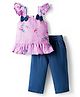 Tweetoons Woven Sleeveless Top & Pant Set With Floral Print & Bow Applique - Pink