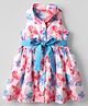 Tweetoons Knit Sleeveless Front Open Frock With Floral Print & Belt - Blue
