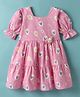 Tweetoons Knit Half Sleeves Frock With Heart Print & Floral Applique - Pink