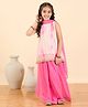 StyloBug Woven Sleeveless Ethnic Motifs Foil Printed Tie Dye Lace Embellished Kurta & Palazzo With Dupatta Set - Pink