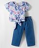 Tweetoons Woven Half Sleeves Top & Pant Set With Floral & Paisley Print - Blue & White
