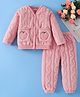 Mark & Mia Full Sleeves Front Open Co-Ord Winter Wear Night Suit with Cable Knit & Apple Design - Pink