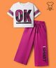 OLLINGTON ST. Cotton Half Sleeves Top with Text Print & Knit Pant Set - White & Pink
