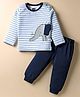 Mini Taurus Cotton Woven Full Sleeves Striped T-Shirt & Lounge Pant Set with Elephant Print - Light Blue