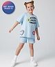 Primo Gino Cotton Elastane Knit Half Sleeves Oversized T-Shirt & Shorts Set with Floral Heart & Text Print - Light Blue