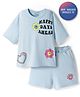 Primo Gino Cotton Elastane Knit Half Sleeves Oversized T-Shirt & Shorts Set with Floral Heart & Text Print - Light Blue