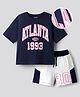 Primo Gino Cotton Elastane Knit Half Sleeves Oversized T-Shirt & Shorts Set with Text Graphic - Navy Blue & White