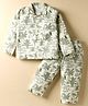 Mini Taurus Cotton Woven Full Sleeves Jungle Theme Printed Front Open Co-Ords Night Suit - Green & White