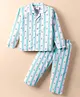 Ollypop Sinker Knit Full Sleeves Co-ords Night Suit with Anchor Print & Stripes - Aqua Blue & White