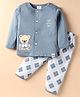 First Smile Sinker Knit Full Sleeves Teddy Bear Embroidered Front Open Night Suit With Checks - Blue & White