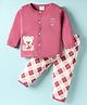 First Smile Sinker Knit Full Sleeves Teddy Bear Embroidered Front Open Night Suit With Checks - Dark Pink & White