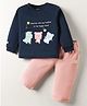 Ollypop Interlock Knit Full Sleeves T-Shirt & Trouser with Animal Patch & Embroidery - Navy Blue & Pink